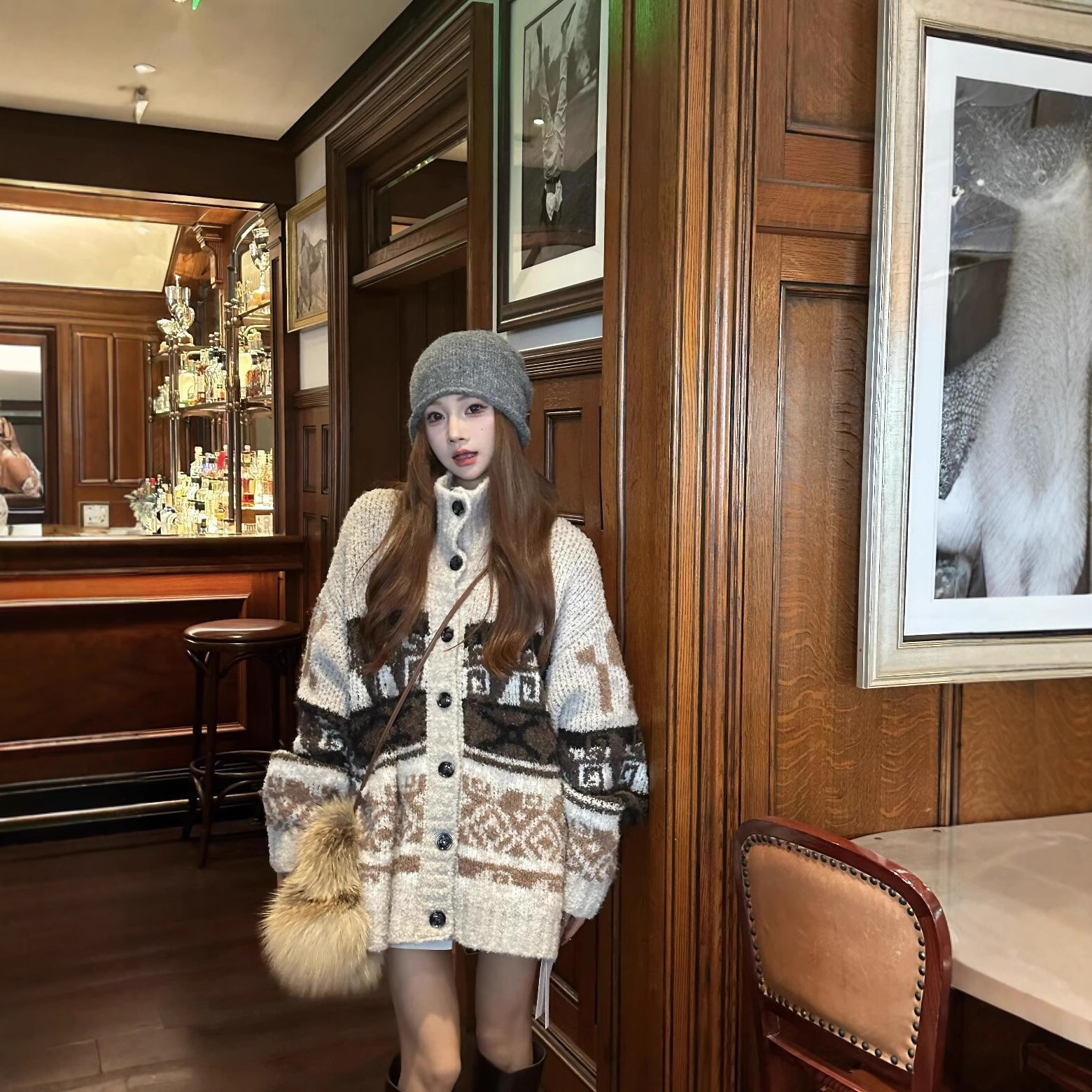 现货韩国小众潮牌费尔岛开衫外套女宽松慵懒风高领针织毛衣