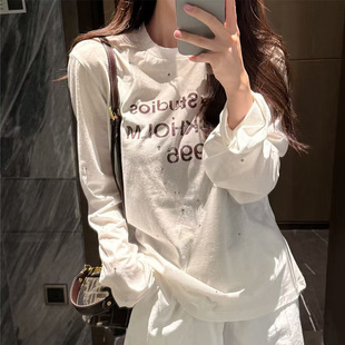 长袖2025秋冬新款1996烫钻字母做旧印花宽松防晒女T恤