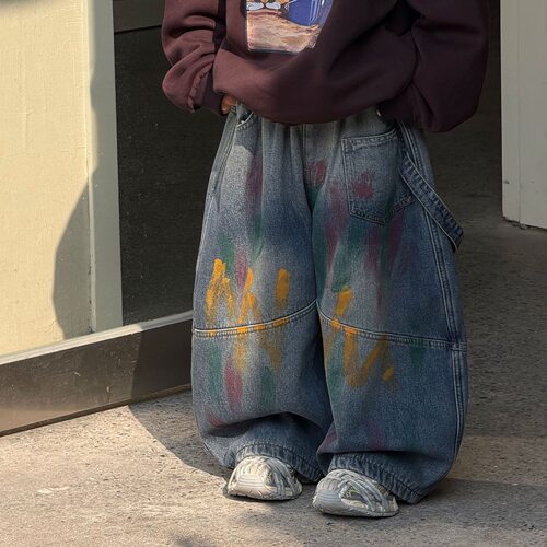 2026冬季新款韩版男童彩色涂鸦牛仔加绒裤儿童百搭加厚一体绒长裤