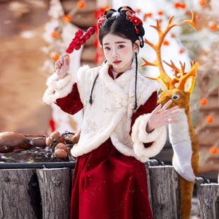 QKIKT新中式女童红色晚礼服2026年新款大童女孩冬天儿童生日裙子