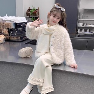 QKIKT女童外套2025秋冬新款小香风套装毛绒大衣裤子两件套加厚款