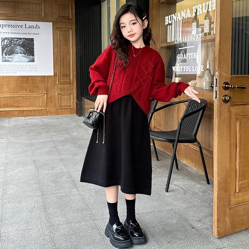 女童秋冬款毛衣连衣裙儿童2025冬季新款大童国风红色洋气加厚套装