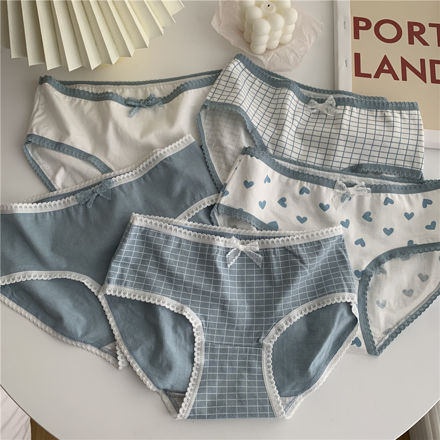 Korean blue and white series love girl's cotton mid waist student's briefs
