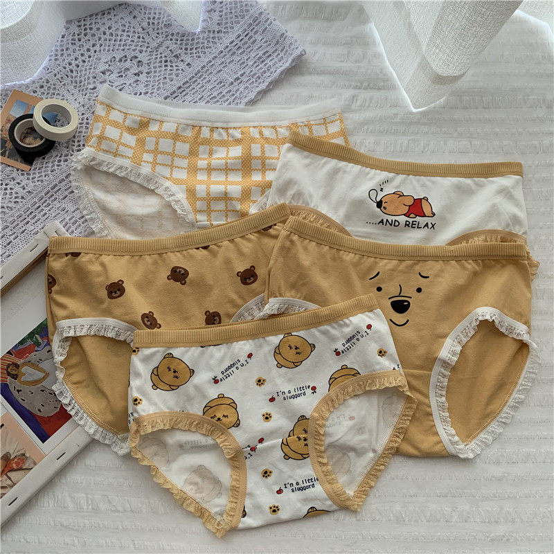Real price Korean cartoon sweet lace girl middle waist cotton underwear women's triangle underpants 5 Pack