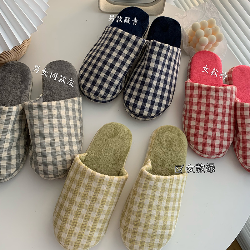 Real shot real price Korean Plaid girl winter Japanese home cotton slippers indoor lovers soft anti slip slippers