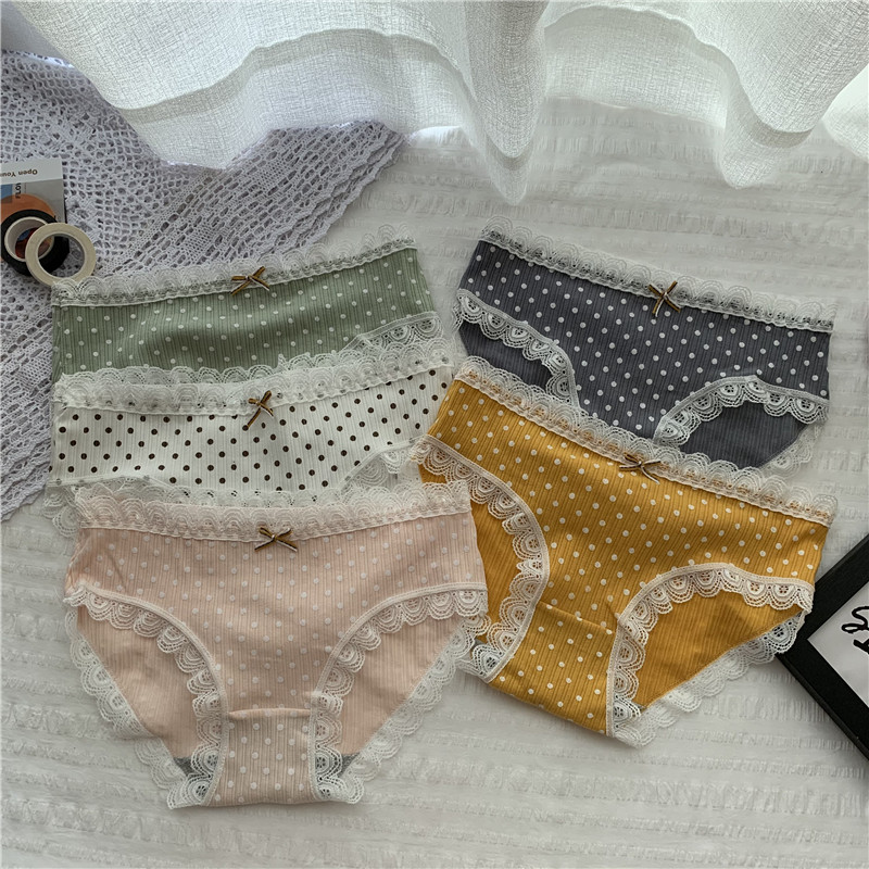 Real shot real price Korean version sweet girl lace wave point bow pure cotton middle waist student triangle underwear