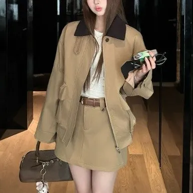复古美拉德套装气质翻领长袖夹克外套女秋季高腰半身裙短裙两件套