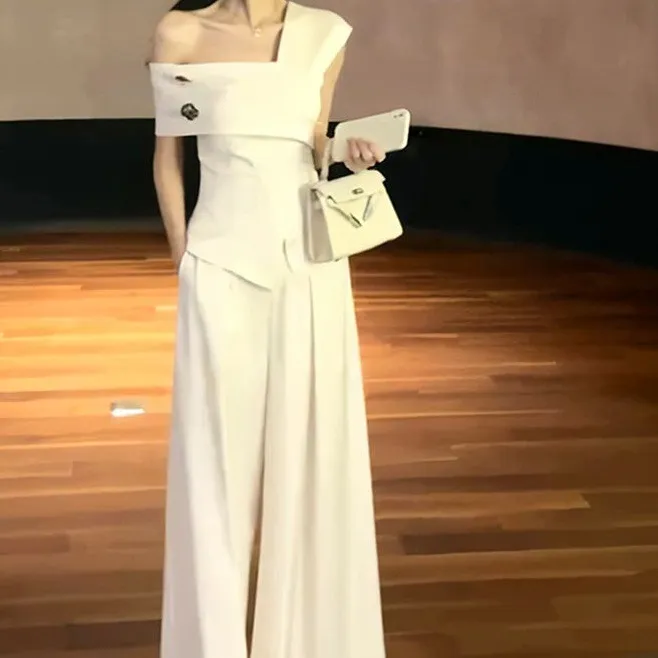 2025新款炸街小众设计感御姐风米白色露肩上衣+高腰阔腿长裤ins潮