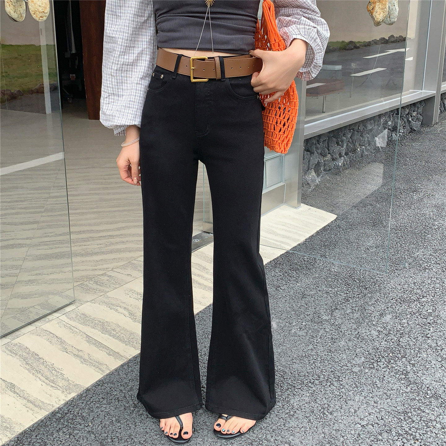 高腰显瘦拖地牛仔微喇裤