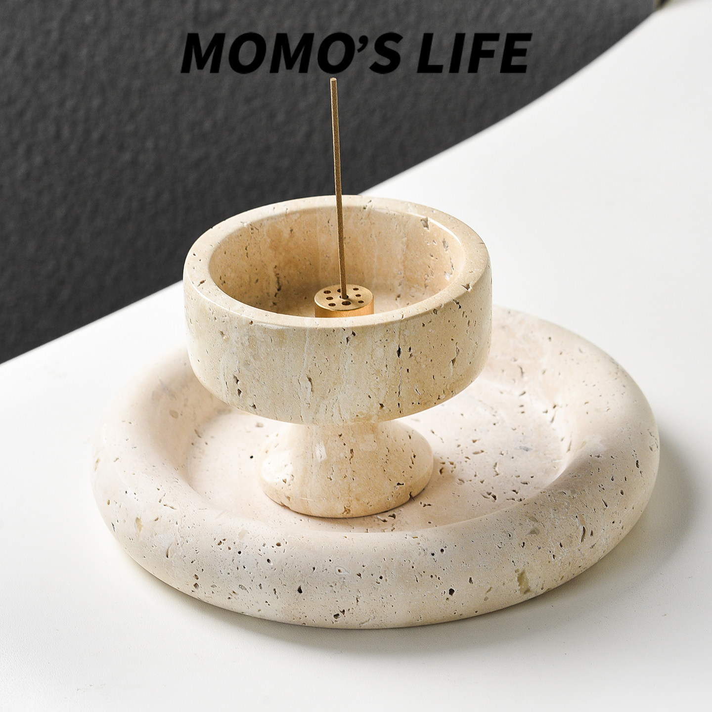 天然洞石香薰炉简约香插线香底座现代圆形香薰台家居装饰送礼礼物