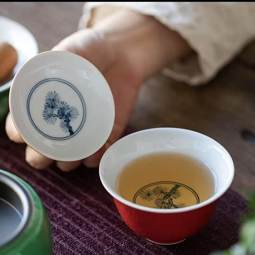 景德镇纯手绘松树故宫红盖碗陶瓷家用二才盖碗中式复古盖碗90cc