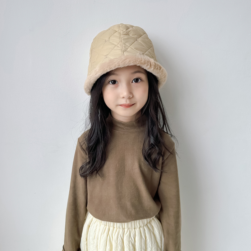儿童加绒渔夫帽秋冬季宝宝保暖帽子2024新款女童时尚格子毛绒帽潮