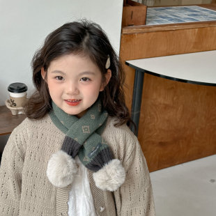 围巾 女童保暖男孩时尚 儿童针织围巾ins新款 宝宝毛球交叉围脖冬季