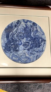41仿清双狮绣球点工纯青花挂画瓷板画景德镇陶瓷手工手绘