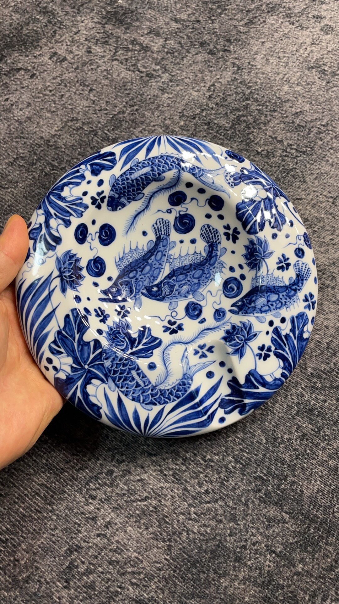 18cm鱼藻景德镇手工绘陶瓷烟灰缸青花快雪雪茄缸送礼高档家用元明