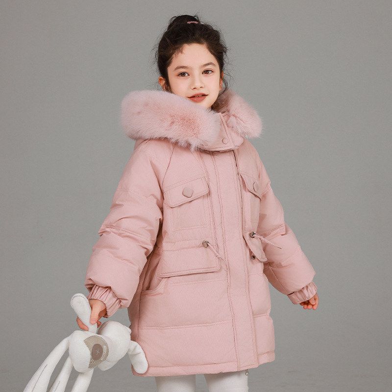 女童羽绒服中长款2025新款洋气女孩冬季中大童加厚保暖连帽外套潮