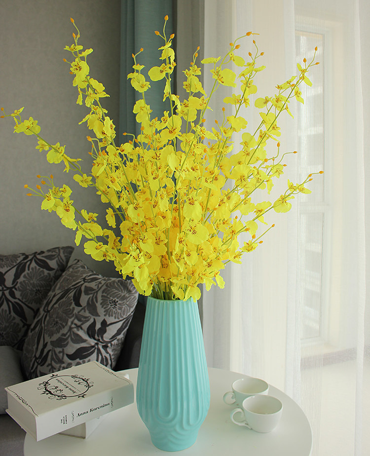家居装饰花跳舞兰仿真花文心兰黄色花卉插花花瓶陶瓷美式清新套装