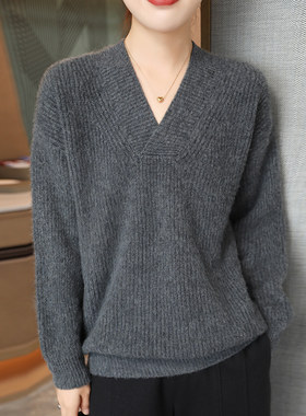 秋冬新款100纯羊毛衫女宽松加厚V领毛衣韩版慵懒风长袖针织打底衫