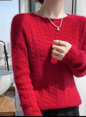 麻花毛衣女款秋冬加厚2024新款圆领纯羊毛衫女宽松内搭打底针织衫