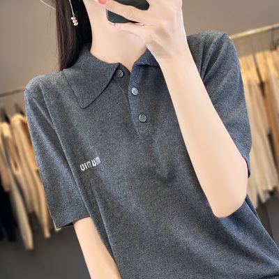 小众设计精品刺绣POLO领超细精纺羊毛短袖女宽松薄款针织打底衫