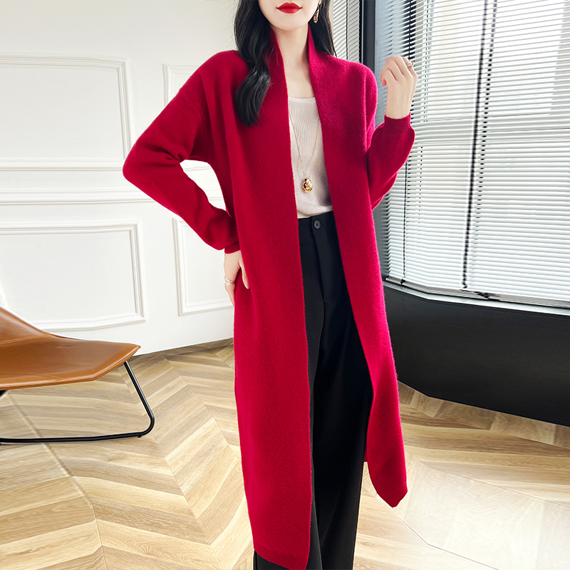 秋冬中长款100纯羊毛长袖开衫外套女宽松慵懒外搭针织休闲大衣