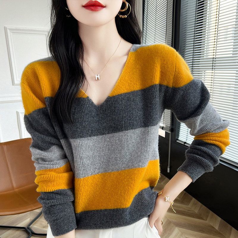 秋冬款高级感软糯条纹100纯羊毛毛衣女宽松慵懒风外穿打底针织衫,女装/女士精品,羊绒衫,淘宝优惠券,粉丝福利购,淘宝优惠卷