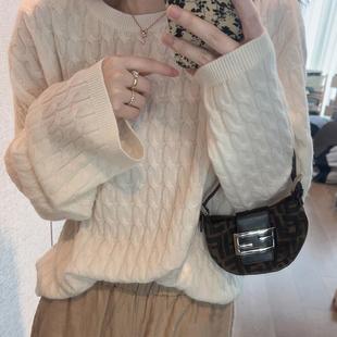 高级感100纯羊毛毛衣女圆领麻花慵懒宽松宽袖加厚套头廓形针织衫