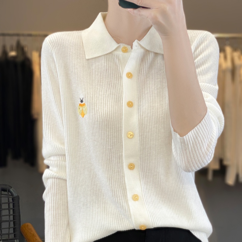 手感软糯细腻精仿超细羊毛法式Polo领刺绣针织开衫女宽松显瘦外套