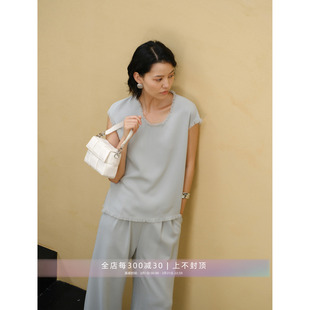 芝美日禾 纯手工拉毛U领小香上衣+窄腰阔腿裤通勤醋酸套装