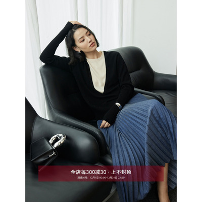 100%绵羊毛假两件大U领针织衫