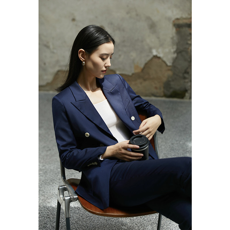 芝美日禾 午夜蓝双排扣西装套装女裤两件套小个子高级气质职业装