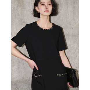 芝美日禾 小香风链条边醋酸连衣裙极简风黑色短款直筒优雅高级感