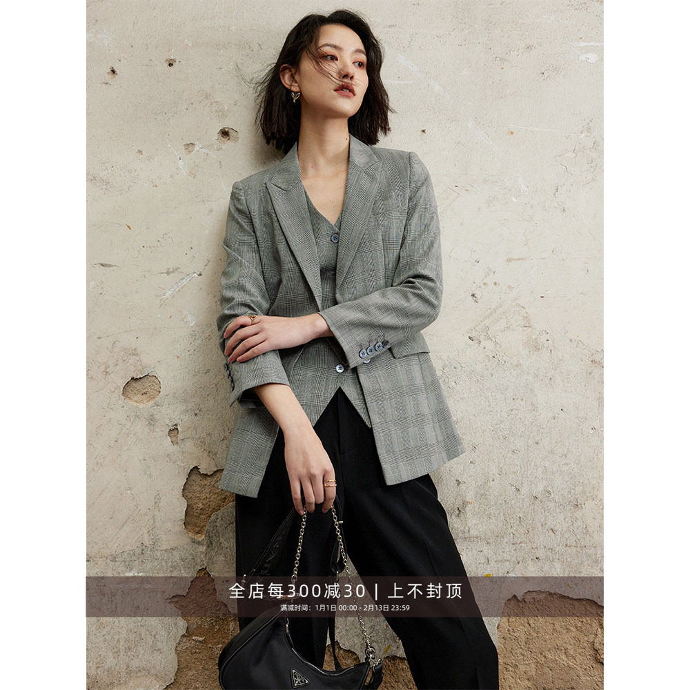 芝美日禾 全羊毛格纹西装三件套女修身复古小个子职业休闲套装,女装/女士精品,时尚套装,淘宝优惠券,粉丝福利购,淘宝优惠卷