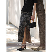 芝美日禾 浮世绘国色牡丹印花连腰显瘦褶皱侧开衩中长款 半身裙女