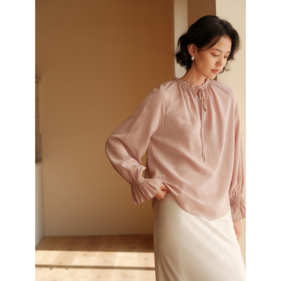 芝美日禾 荼靡花事 19MM双绉真丝荷叶袖可调节系带粉色立领衬衫