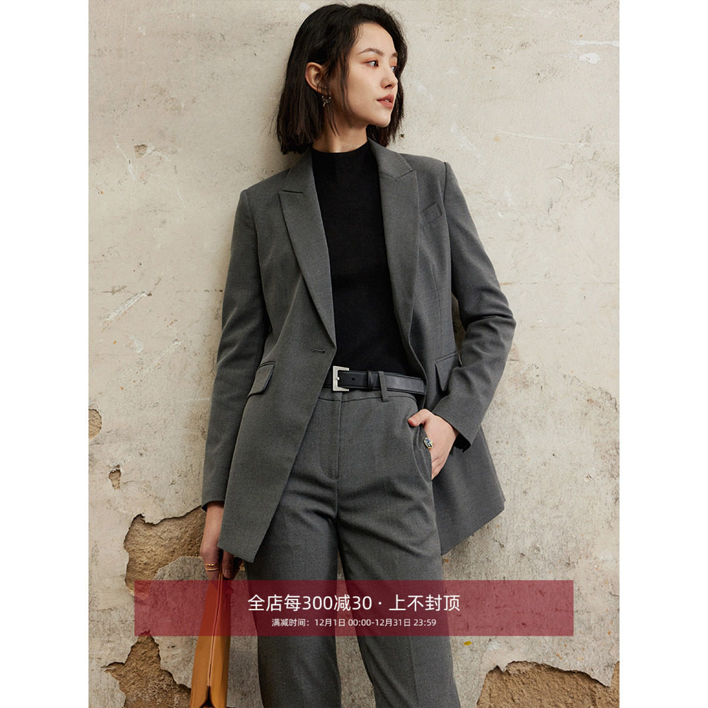 芝美日禾 深灰色职业西装套装女裤两件套抗皱通勤小个子修身正装