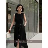 芝美日禾 圆领设计感开衩纯色小黑裙百搭质感通勤无袖 连衣裙女