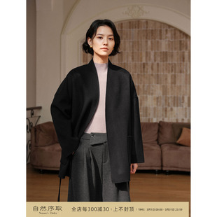 芝美日禾 现货 阿拉善钻石绒100%山羊绒极简短款黑色大衣女秋冬