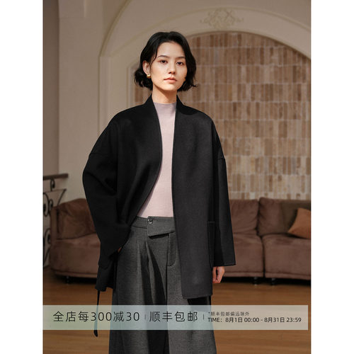 芝美日禾 阿拉善钻石绒100%山羊绒极简短款黑色大衣女秋冬 - 封面