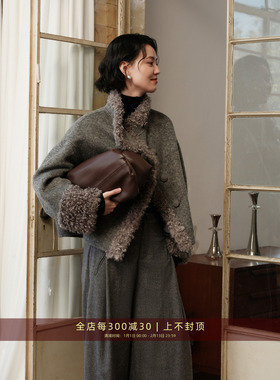 芝美日禾 挪威之冬 泰迪圈圈毛拼山羊绒绵羊毛秋冬灰色双面呢外套