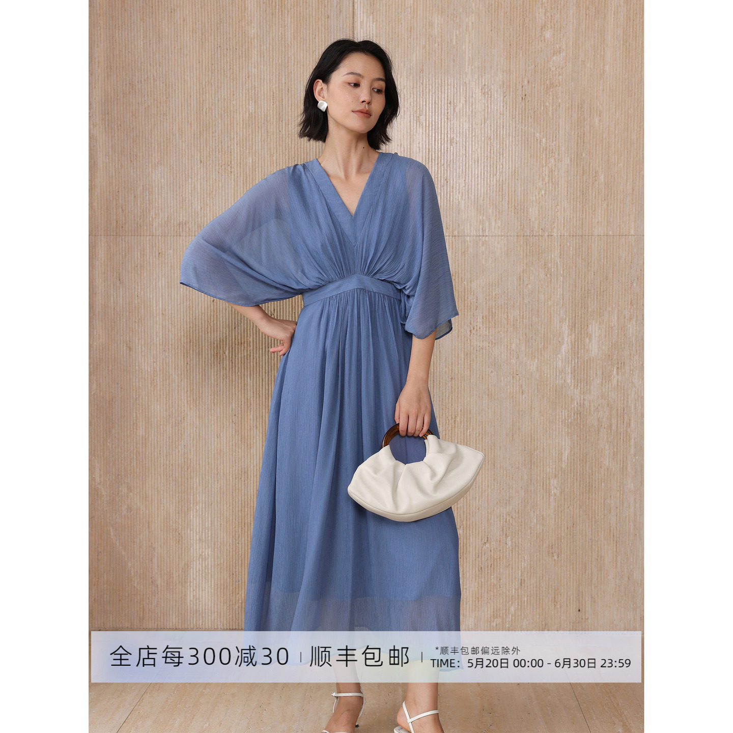 芝美日禾 法式空灵 顺纡皱醋酸天丝两穿设计感轻奢淡紫连袖连衣裙