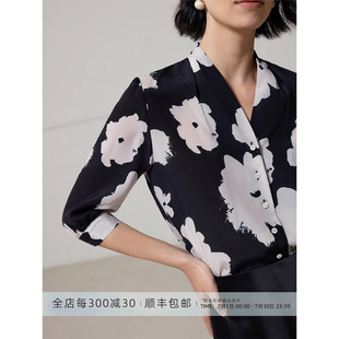 芝美日禾 黑玉白花真丝双绉V领七分袖衬衫气质印花宽松上衣