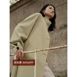 国风立领廓形豆绿色中长款 清仓5折 醋酸风衣外套女早秋 断码