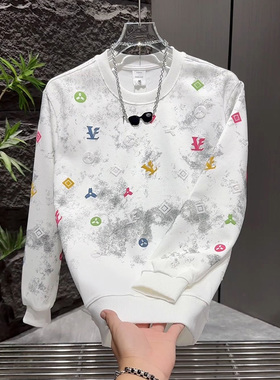 秋季潮流印花卫衣男轻奢圆领百搭休闲长袖扎染设计感炸街欧货上衣