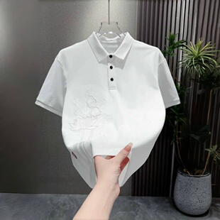 短袖polo衫男款夏季新款荷花刺绣高级感半袖T恤男士痞帅简约国风