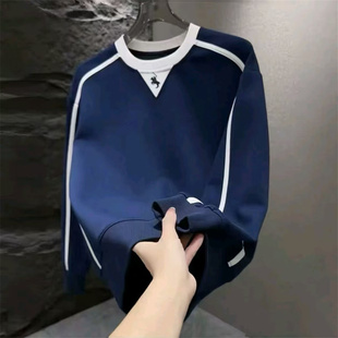 秋季新款潮牌卫衣男潮流百搭拼色圆领长袖上衣战马刺绣休闲打底衫