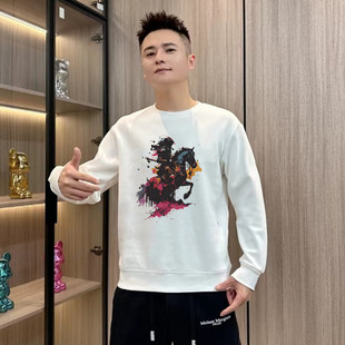 国潮战马卫衣男士秋冬季加绒百搭印花长袖春季潮牌圆领修身打底衫