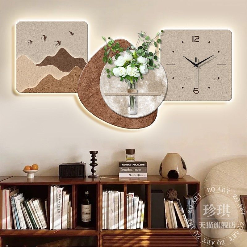 背有靠山餐厅装饰画现代简约钟表水培绿植高级感砂岩挂画DIY时钟