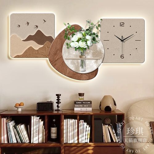 背有靠山餐厅装饰画现代简约钟表水培绿植高级感砂岩挂画DIY时钟