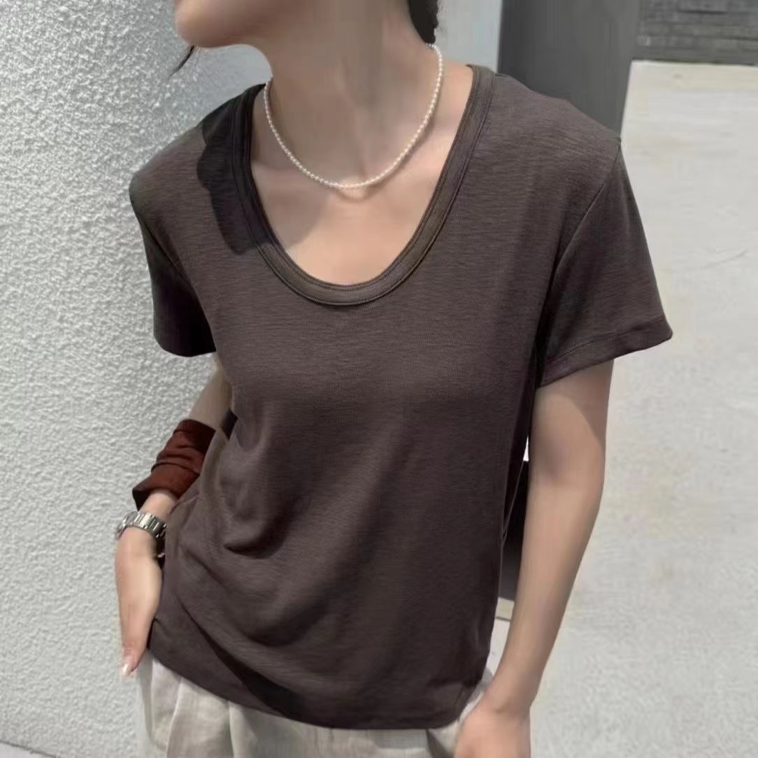 韩版纯欲风U领短袖T恤女夏